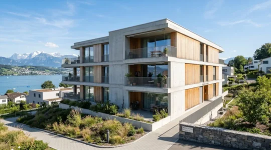 Modernes Schweizer Einfamilienhaus mit typischer Architektur bei natürlichem Tageslicht, klare Linien und zeitgenössische Bauweise