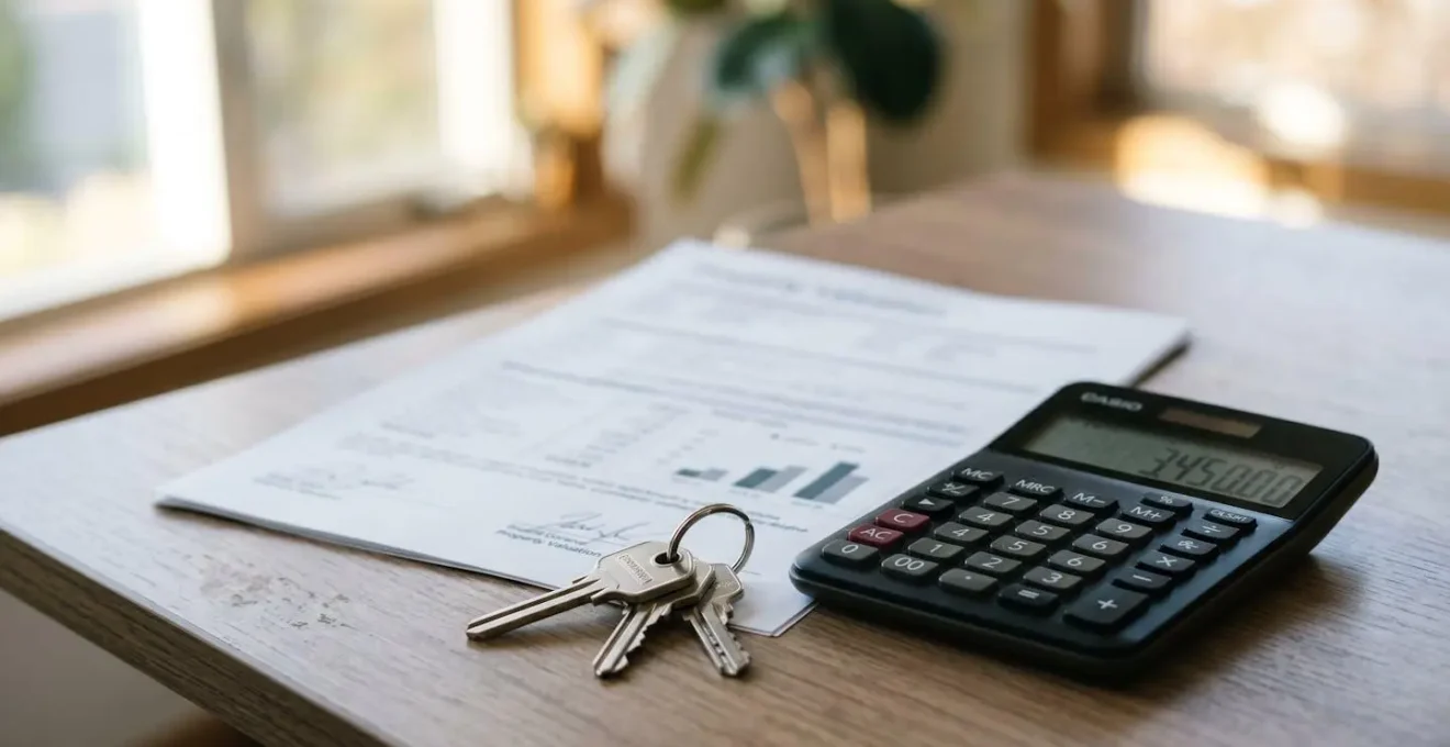 Extreme Nahaufnahme von Immobiliendokumenten mit Taschenrechner und Hausschlüsseln auf modernem Schreibtisch, unscharfer Hintergrund