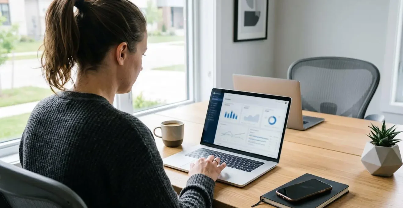 Person arbeitet an einem Laptop im modernen Home-Office, analysiert Immobiliendaten, über die Schulter fotografiert
