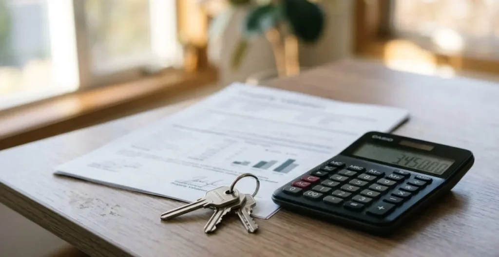 Extreme Nahaufnahme von Immobiliendokumenten mit Taschenrechner und Hausschlüsseln auf modernem Schreibtisch, unscharfer Hintergrund