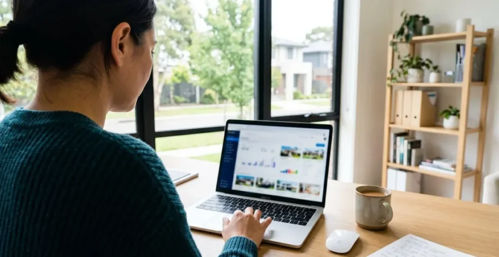 Person arbeitet an einem Laptop im modernen Home-Office, analysiert Immobiliendaten, über die Schulter fotografiert